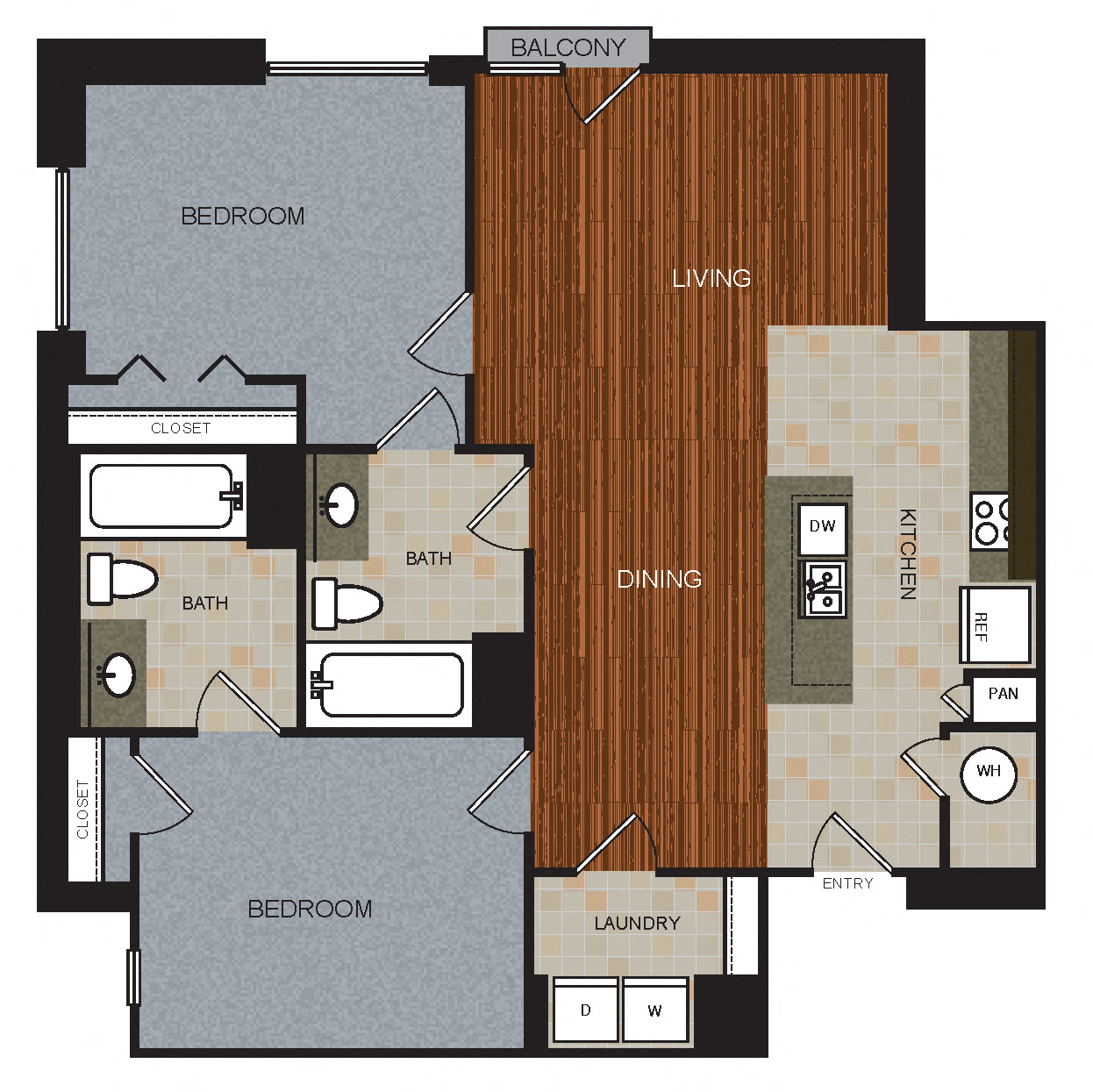 Floor plan for 2 beds, 2 baths, 1238 sqft